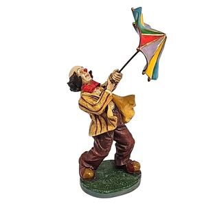 Vintage Tall Large Happy Clown w/Multi Color Umbrella Hand Painted 19" #2 Stamp